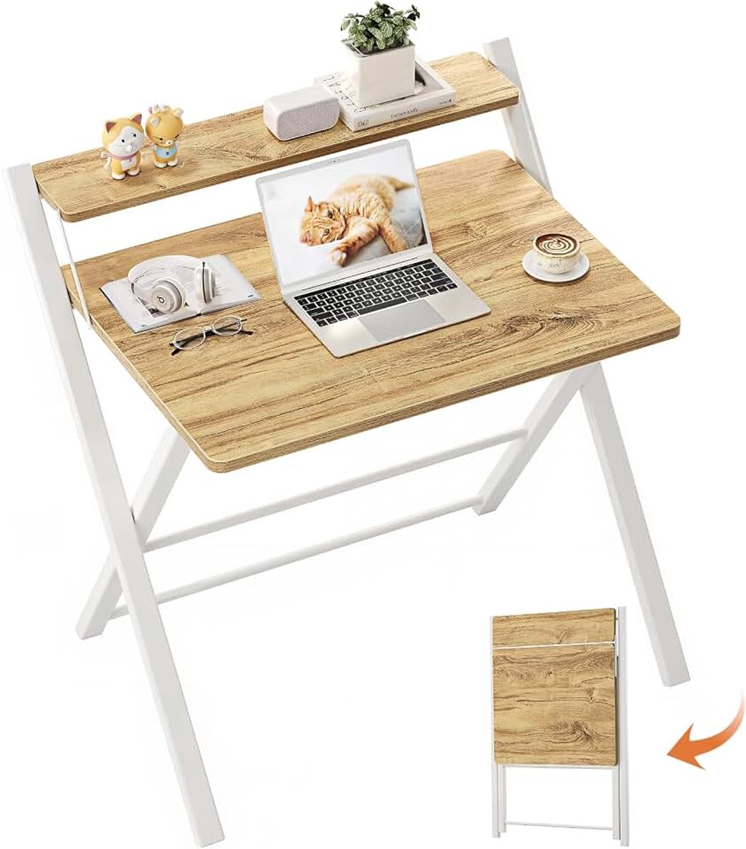 Kleine Vouwtafel 77cm, Vouw Gaming Tafel met 2 Opbergniveaus, Mini Laptop Tafel voor Kleine Ruimtes, Schrijftafel voor Werkstations,Beige