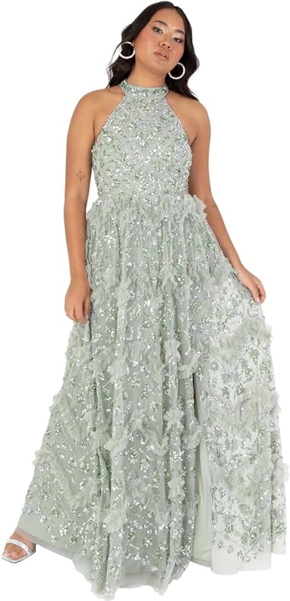Deluxe Maxi-jurk voor dames, haltertop, mouwloos, salie, pailletten, versierd met ruches, splitsplit, A-lijn, avondbaljurk, Groene Lelie, 42
