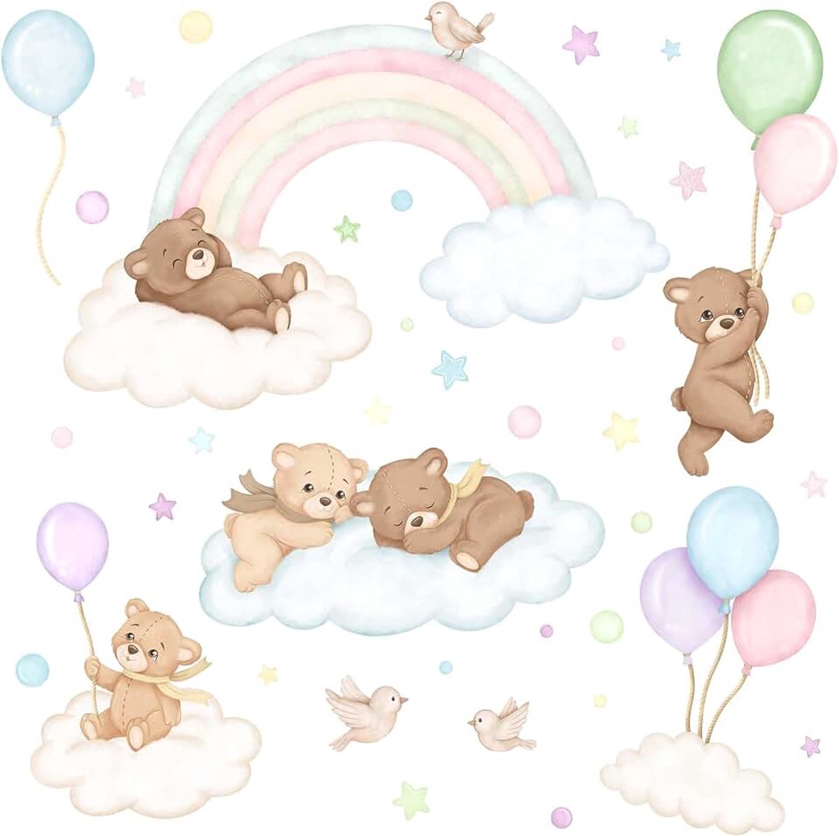 Muursticker Kinderkamer - Wanddecoratie - Muurstickers - Boho Beren Op Wolken en Ballonnen met Regenboog, UV-Bestendig, Pastelkleuren, Vel Met 38 Delen