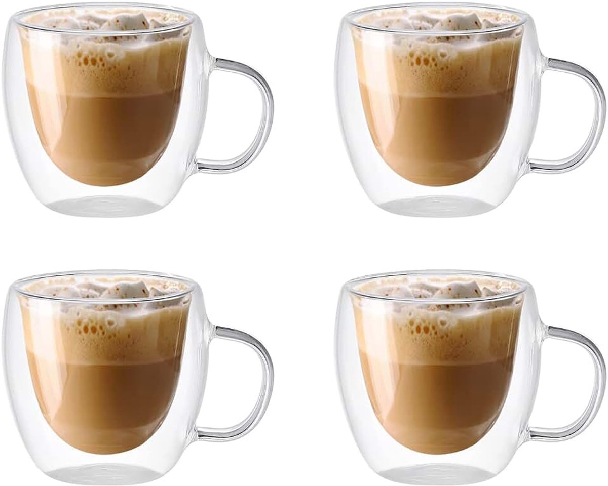 Set van dubbelwandige glazen koffiekopjes - 150 ml - Geïsoleerd - Met handvat - Transparant - Voor Amerikaanse latte dranken, cappuccino's, espresso