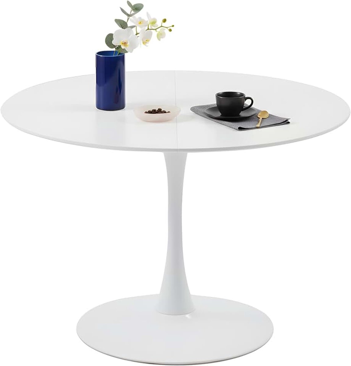 Eettafel, rond, wit, 110 cm, ronde keukentafel voor 4 tot 6 personen, Scandinavische stijl, centrale standaard, metaal, stabiel, voor keuken, eetkamer, woonkamer, balkon, kantoor, wit