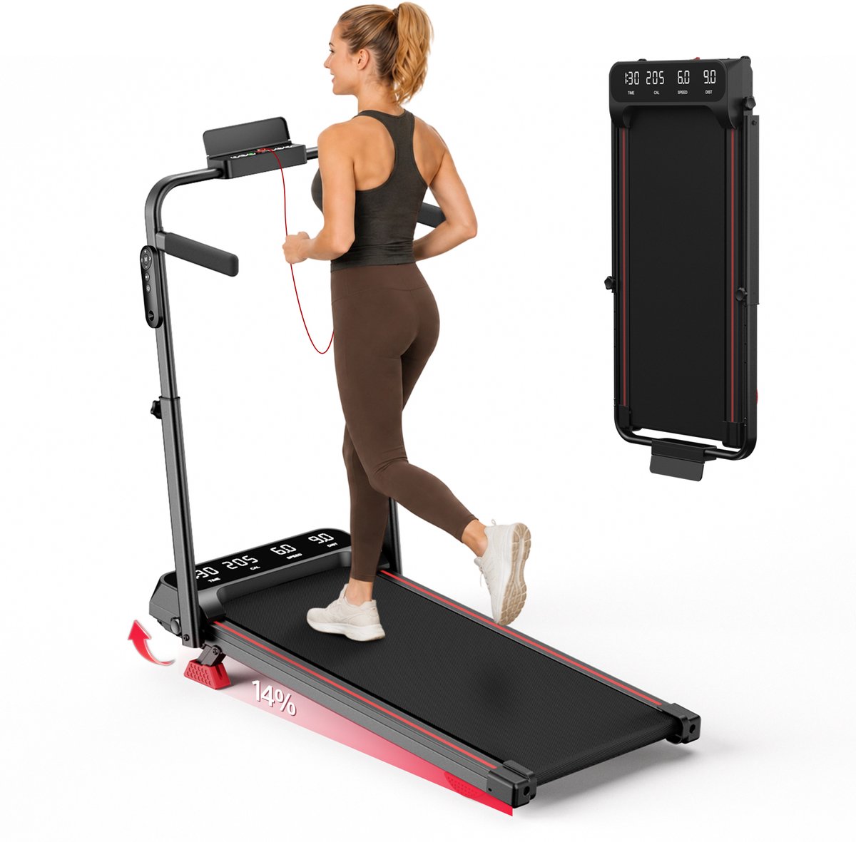 PULSE360 Elektrische Loopband Inklapbaar - 14% Helling & 2‑in‑1 Design Hardlopen/Wandelen - Verstelbare Handgreep, LED‑display, telefoonhouder, 2 maansvormige schokdempers en aanpasbare doelprogramma's - Max 135kg - Thuisfitness