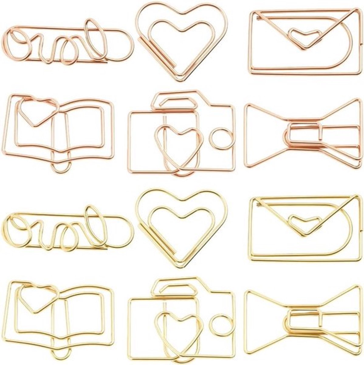 Paperclips - Metaal - Goud - Rosegold - Hart - Journal - Boek - Bladwijzer - School Kantoor Thuis - 1 Doos 60 Stuks 12 Stijlen Kleine Leuke Envelop Boog Vormige Organisatoren.
