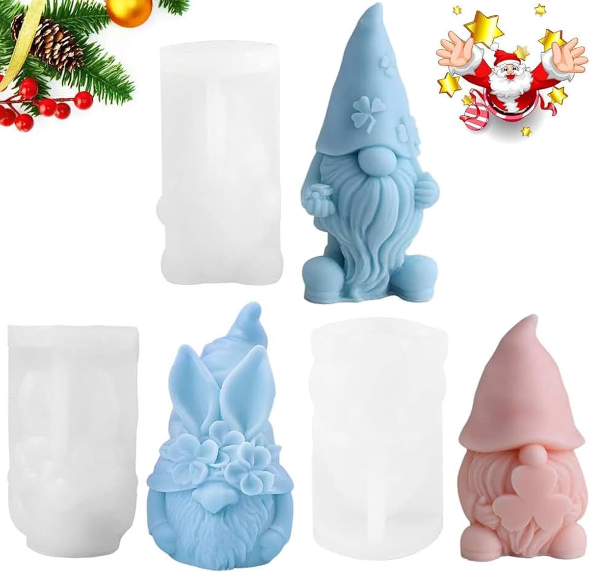 3D-kabouter siliconen vorm voor Kerstmis, kaarsvormen om te gieten, kerstman-kaarsvorm, voor het maken van kaarsen, aromatherapie en kerstdecoratie