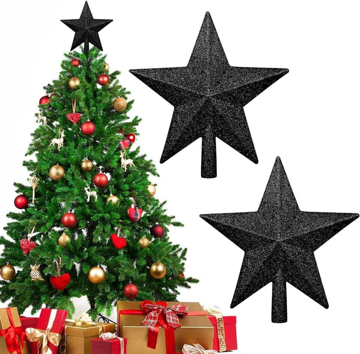 2 stuks kerstboomster, kerstboomtopper, glinsterende kerstboompiek, kerstboomtopper, 20 cm, kerstdecoratie, voor festivals, feesten, bruiloften (zwart)