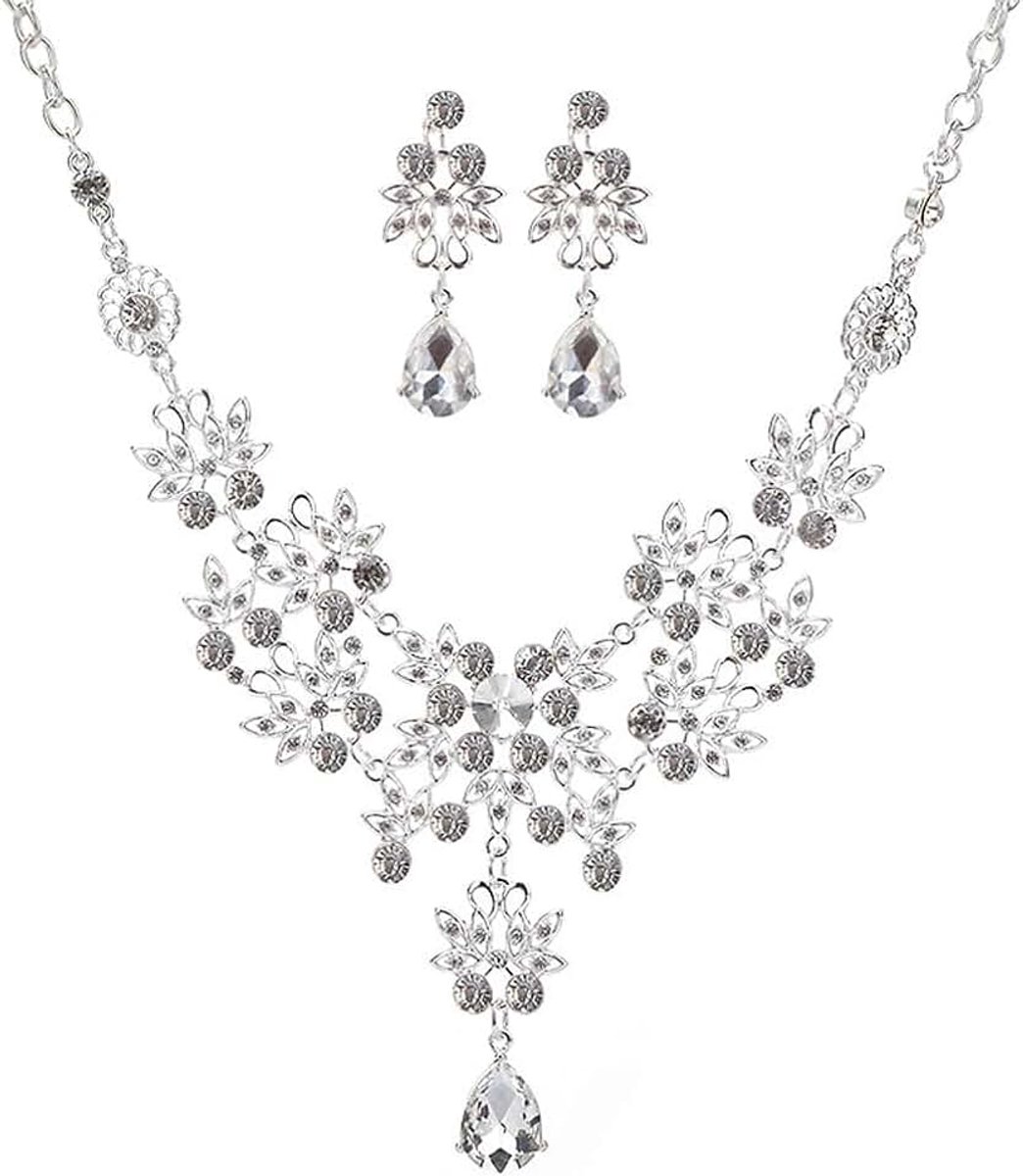 Sieradenset voor dames, bruidssieraden, kristal, halsketting, strass, stenen, armband, oorbellen, eindexamenbal, bruidssieradenset