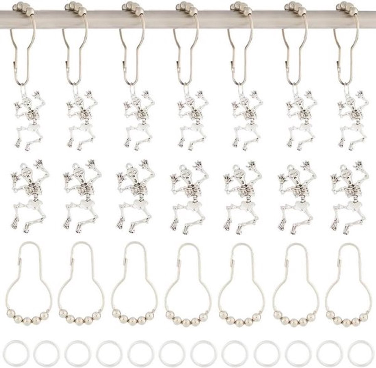 douchegordijnhaken - Halloween - roestvrij - decoratief - herbruikbaar - 12 stuks - skelet - gordijnringen - douchehangers - praktisch - ophanging - badkamerclips - woondecoratie - slaapkamer