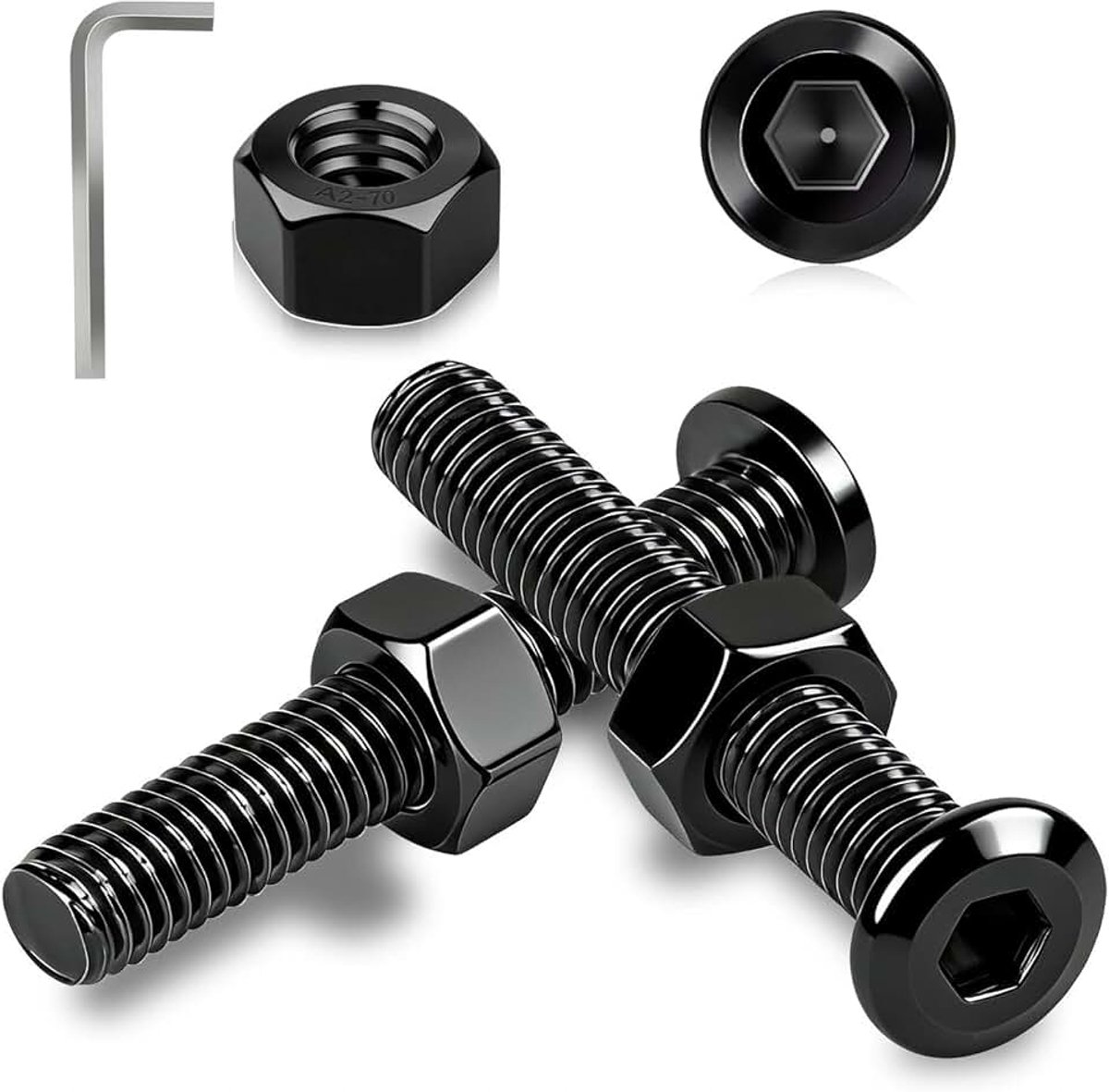 Schroeven zwart, 10 stuks platte kopschroeven roestvrij staal M8 x 60 mm lenskopschroeven binnenzeskantschroeven A2 V2A met moeren zeskantschroeven voor hout meubelreparatie