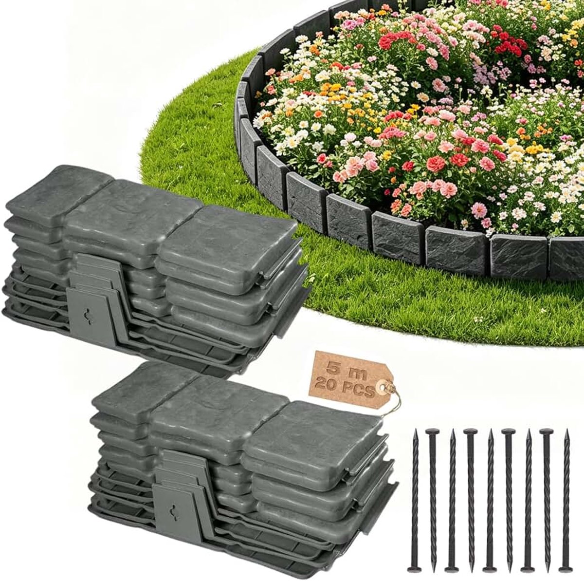 Kunststof, bloembed omranding, kunststof, bloembed omranding, perkbegrenzing, maairand, tuinhek, flexibele gazonranden, steenlook - 5 m (hoogte: 10 cm)