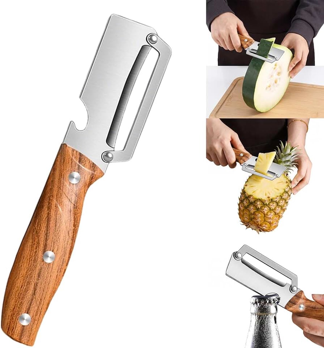 Groenteschiller, roestvrij stalen lemmet, volledig met klinknagels versterkt, met houten handvat, flesopener, aardappelschiller, fruitdunschiller, hard/zacht schilbaar, voor