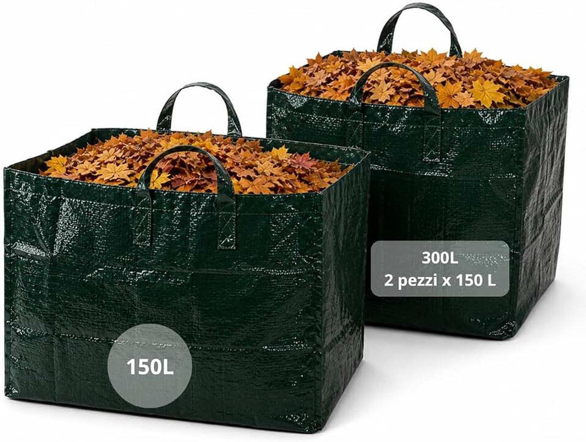 Vierkante tuinzakken – 4 stuks x 150 l – geweven PE-zak 100 g/m² met stabiele handgrepen – 69 x 69 x 38 cm – waterdicht voor bladeren, gras, takken en snoeien