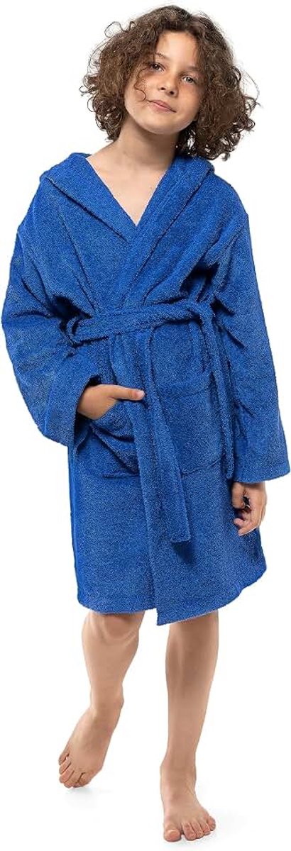 Tienerjongensmeisjesbadjas met capuchon, 100 procent OekoTex-katoen, tienerbadjas 11-12 Jaar Marineblauw - Badstof Ultrazachte en absorberende badjas