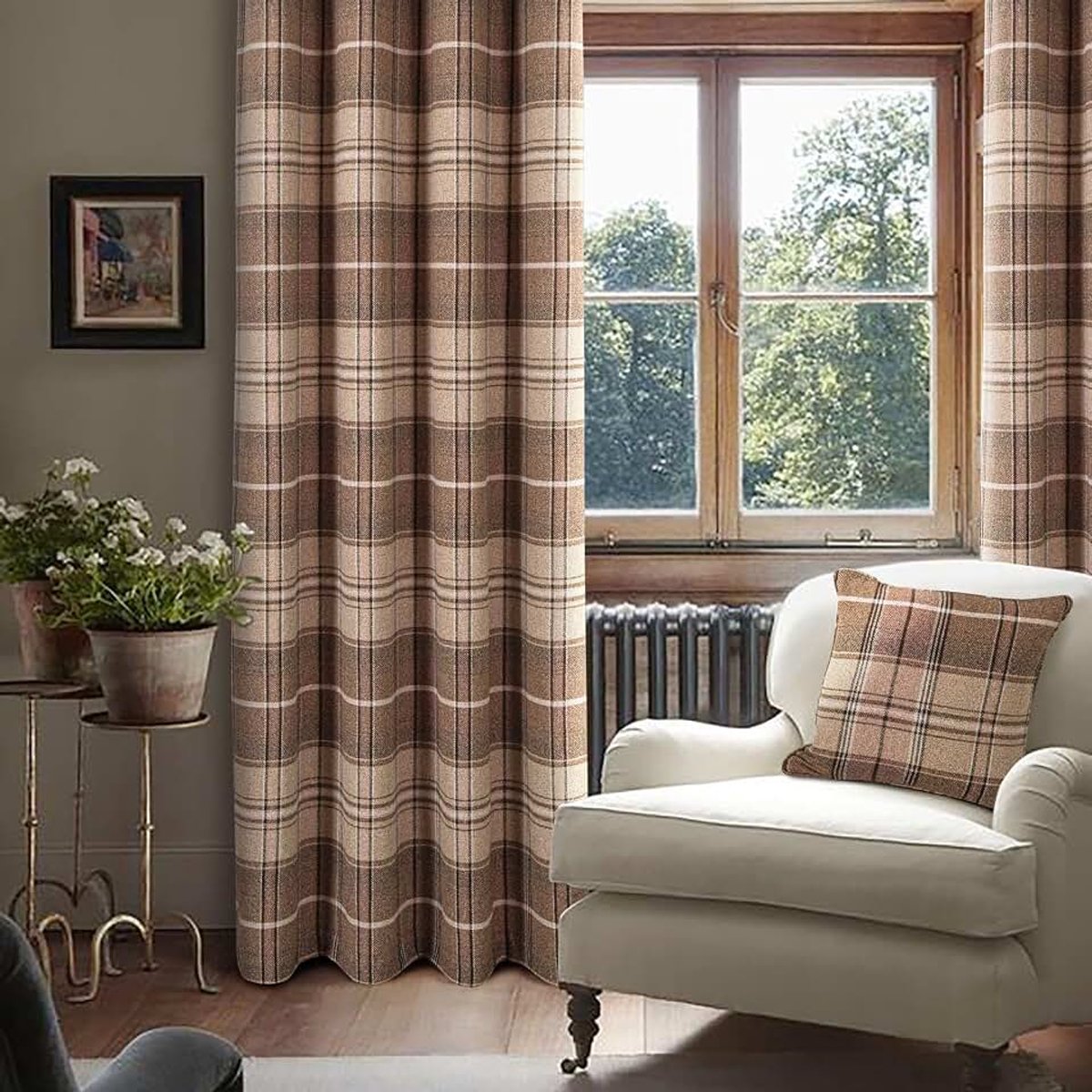 Always4u Geruit gordijn, 100% verduisterend, warmte-isolerend, met oogjes, dubbele gordijnen van kunstwol, voor slaapkamer, woonkamer, modern, L 140 x H 245 cm, lichtbruin, 2 stuks
