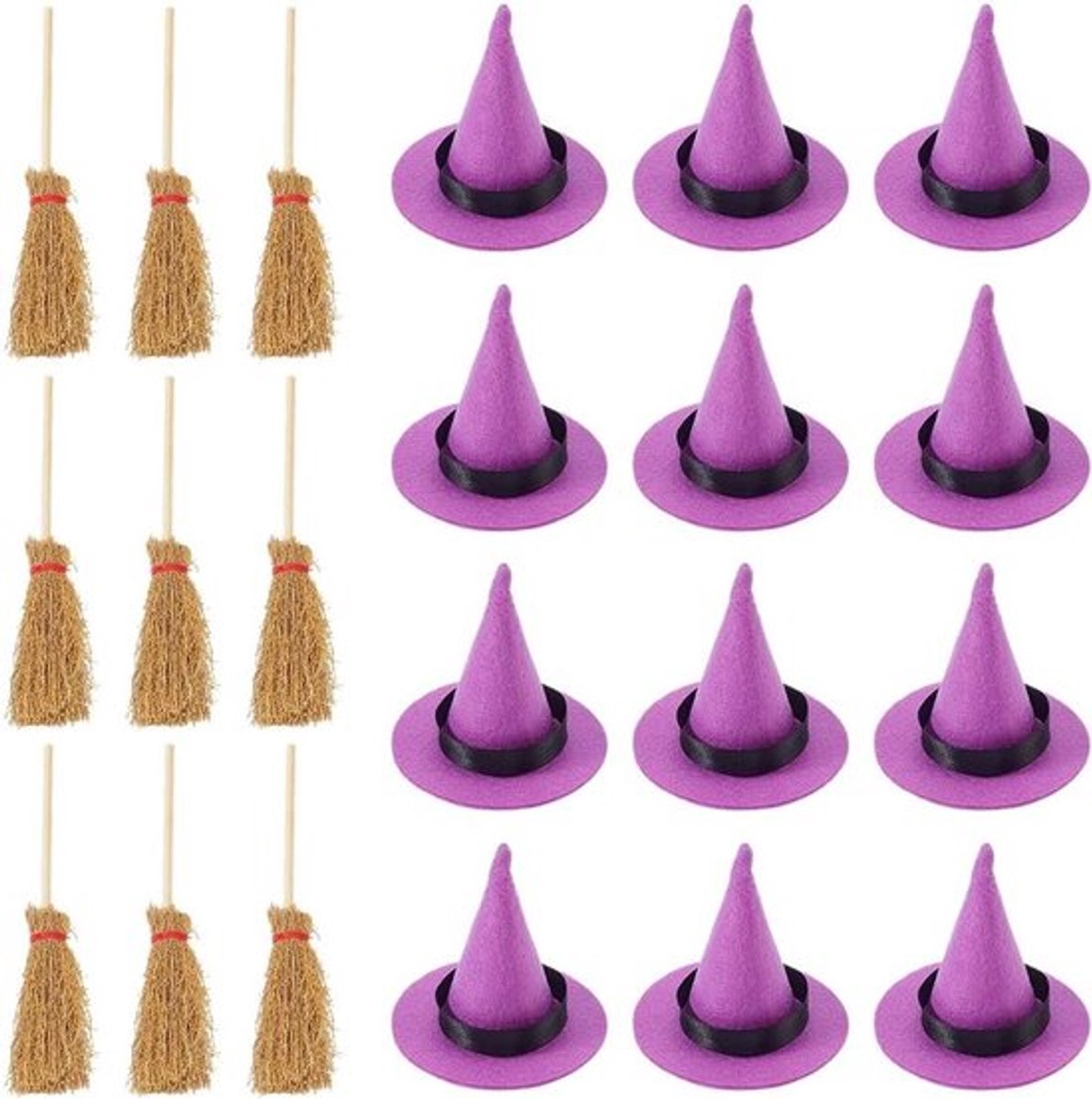 Heksenhoedenset - Halloween decoraties - Paars - Vilt - Kleine heksenbezem - Mini hekshoed - Geschikt voor kinderen - Kleurrijk - Feestartikelen 24 stuks