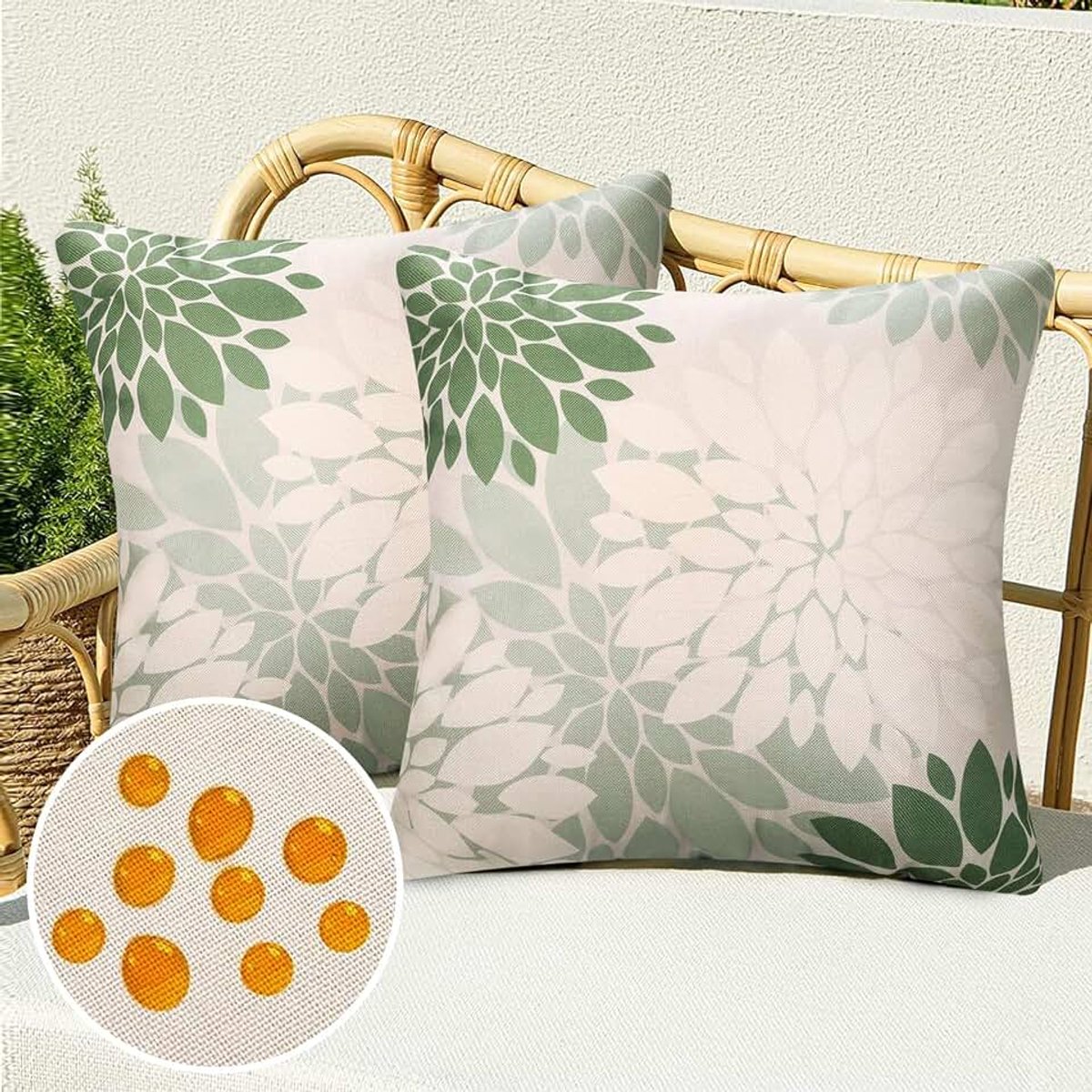 Kussenhoezen, 45 x 45 cm, linnen, waterdicht, sierkussen, kussenhoes, groen wit, abstract, dahlia, bloem, kussenhoes voor buiten, woonkamer, slaapkamer, tuin, bank, bank, decoratie, set van