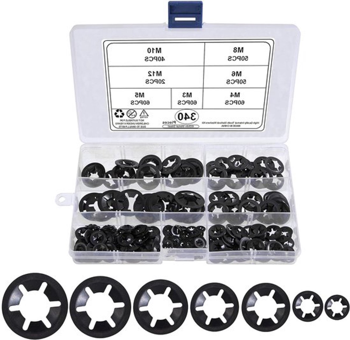 Geassorteerde set binnentand-sluitringen met 340 stuks - zwart - diverse maten M3, M4, M5, M6, M8, M10, M12