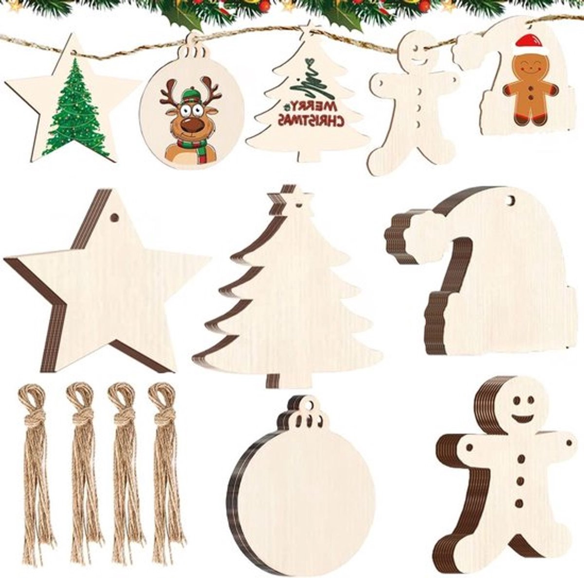 DIY Kerstdecoratie Set met 40 Stukken: Houten Sneeuwvlokken, Cadeauhangertjes en Creatieve Ambachten voor een Feestelijke Sfeer