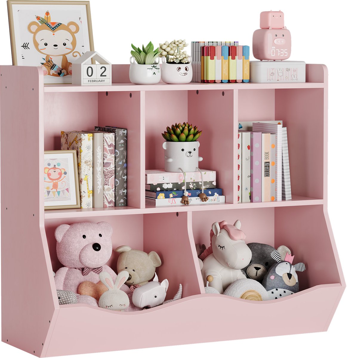 Kinder‑opbergorganizer voor speelgoed en boeken – houten boekenkast met 5 vakken en meerdere schappen – geschikt voor boeken en speelgoed in de babykamer, speelkamer, slaapkamer en hal