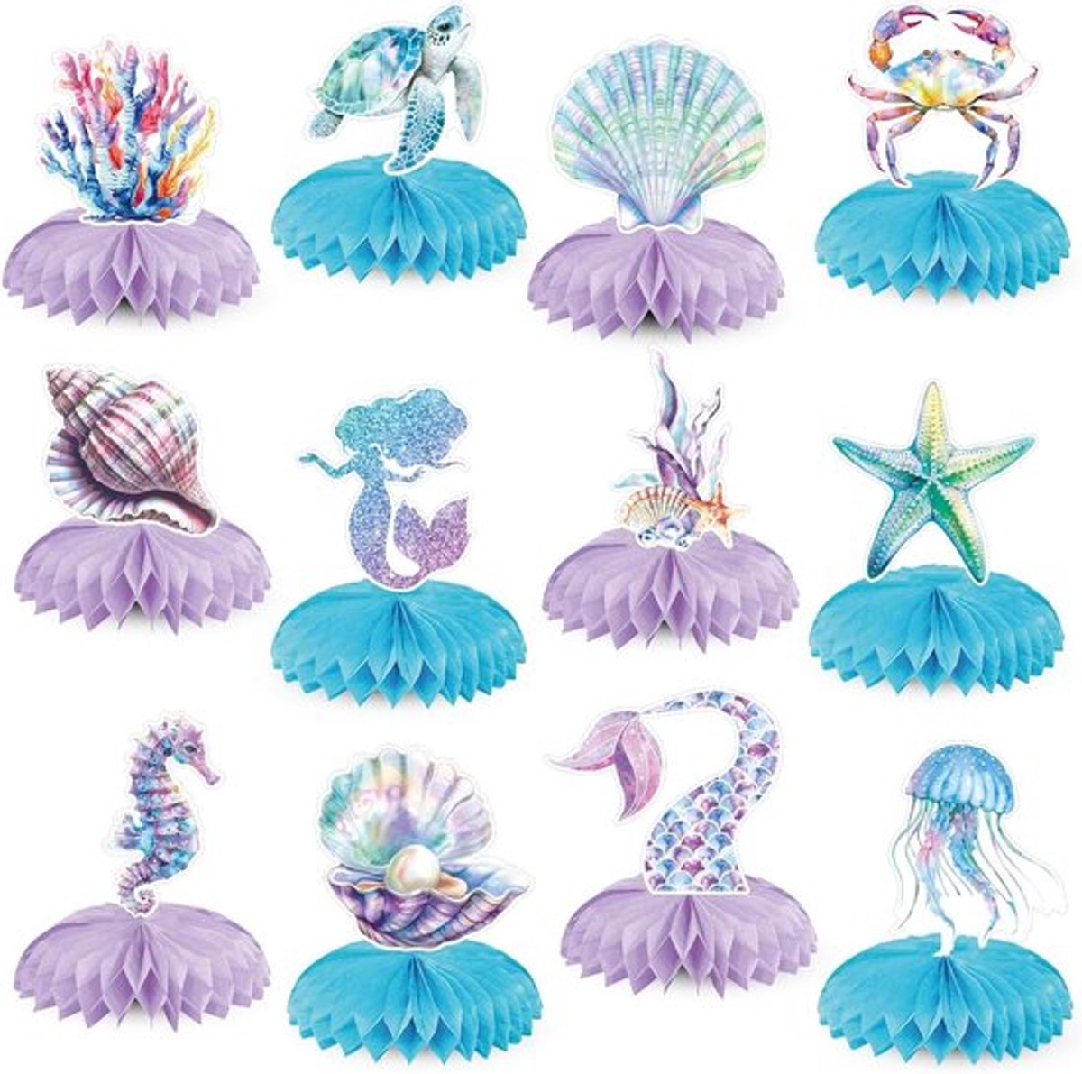 Kleine zeemeermin feestdecoraties - set van 12 stuks voor verjaardag, baby shower en kinderen feest - oceaan themafeestdecoratie met honingraat centerpieces.
