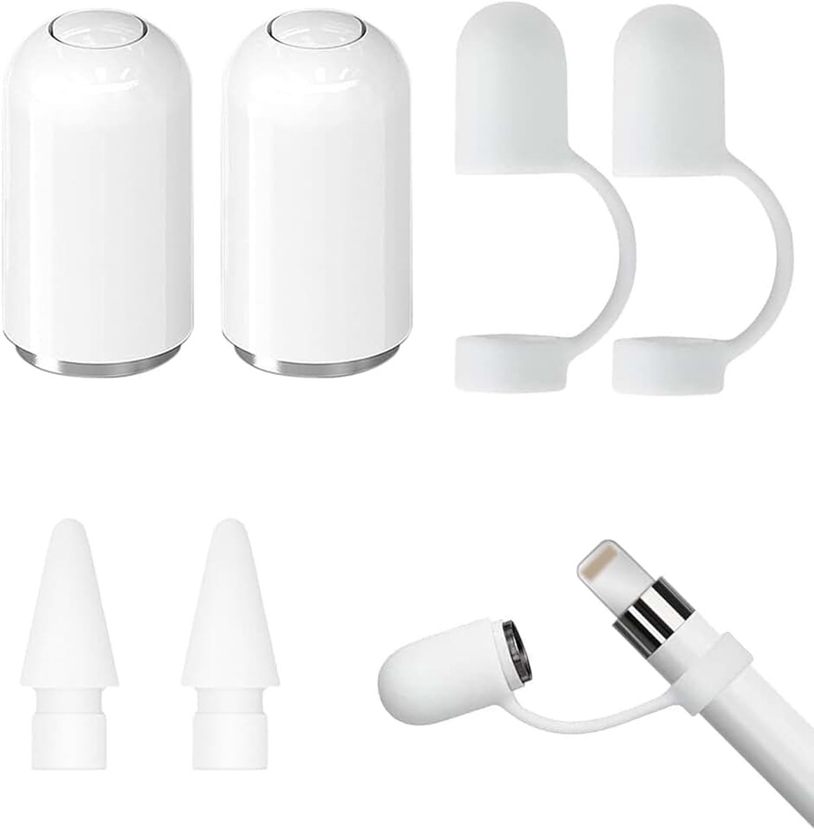 2 x vervangende magnetische doppen voor Apple Pencil, 2 x punten voor Apple Pencil 1/2/3 generatie, 4 x beschermkappen voor Apple Pencil 1e generatie (wit)