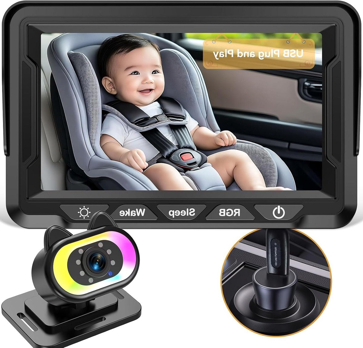 Baby Autocamera - Achterbank Monitor - Veilig Reizen - HD 1080P Nachtzicht - 150 Graden Hoek - Zwart