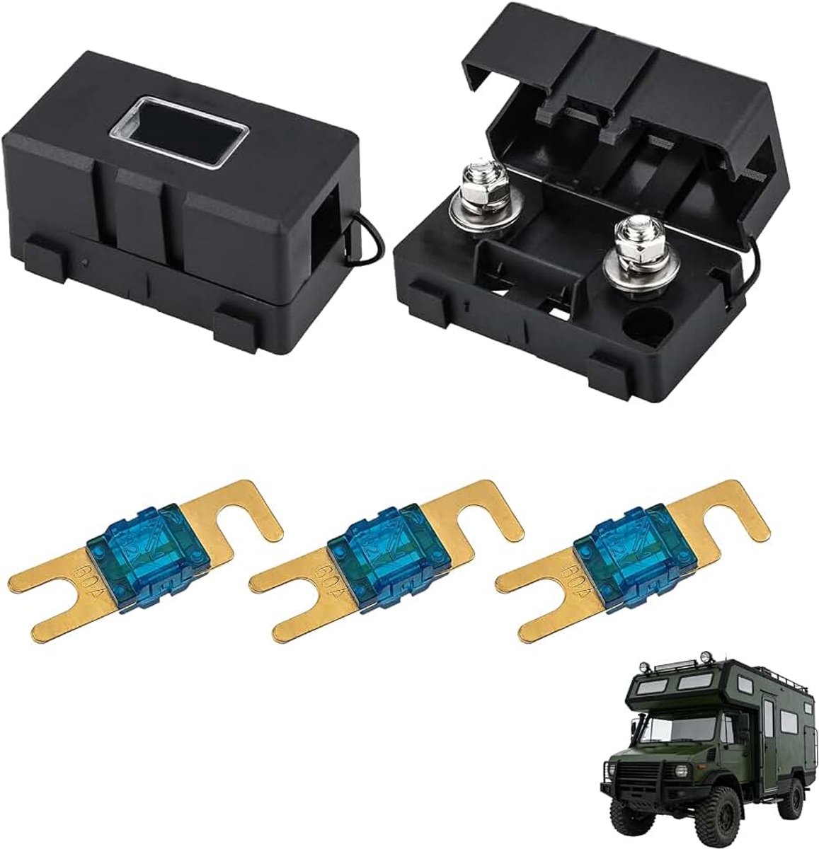 Set van 3 Midi zekeringen 60 A en 2 ANS zekeringhouders hoogspanning 12 V-58 V voor de bescherming van elektrische circuits van auto's, vrachtwagens, bouwvoertuigen, bussen en caravans