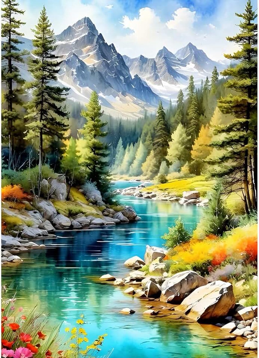 Doe-het-zelf besneeuwde berg, diamantschilderij afbeeldingen voor volwassenen, beginners, 5D bos, diamond painting, set, doe-het-zelf beek, ronde stenen, diamant kunst, voor thuis, decoratie