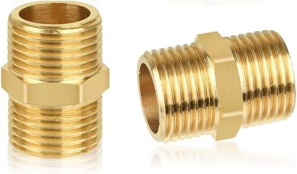 Dubbele Connectoren 1/2 Inch - Messing Mannelijke Schroefdraad - Zeskant - Fittingen 19 mm - Verwarming - 2 Stuks