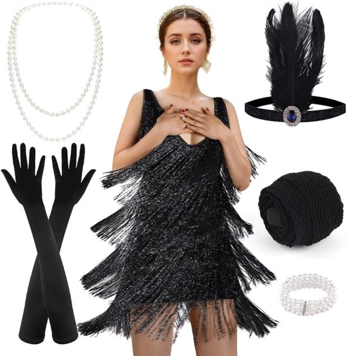 Vrouwelijke Flapper Jurk uit de Jaren '20 met Pailletten en Franje voor Gatsby Feestjes en Kostuums met Accessoires Set