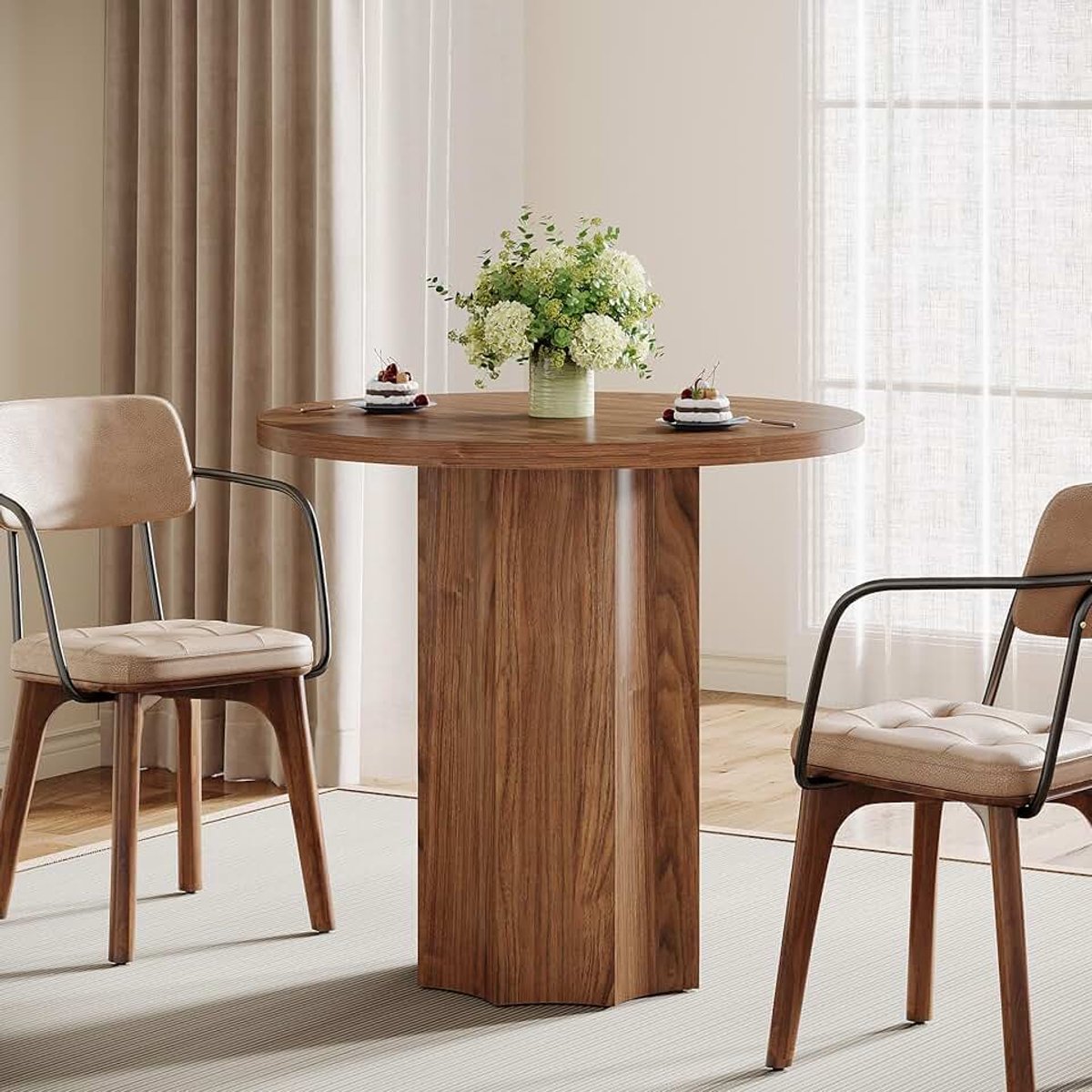 Ronde eettafel voor 2 personen, 80 cm keukentafel met ronde houten sokkel, eetkamertafels voor eetkamer, keuken, woonkamer, kleine ruimtes, met dikke poten, rustiek bruin