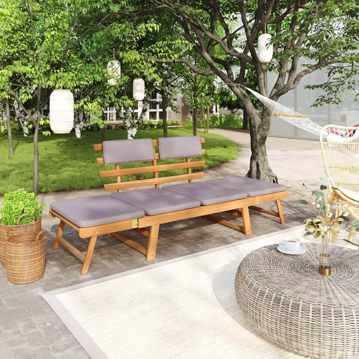 2-in-1 ligstoel met kussen, 190 cm, massief hout acacia, outdoor zitbank, tuinbank voor terras, parkbank van terrasbank, voor terrassen, stranden, camping