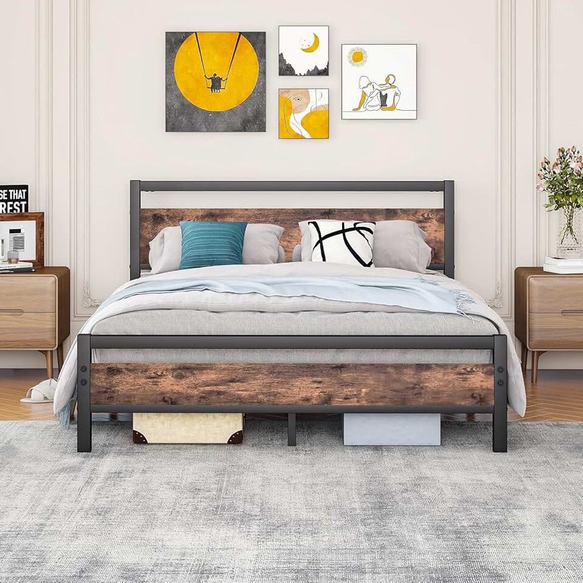 160x200 van metaal en hout, metalen bed met lattenbodem, logeerbed, tienerbed, tweepersoonsbed 160x200 cm met hoofdeinde, metaal bed, bruin en zwart