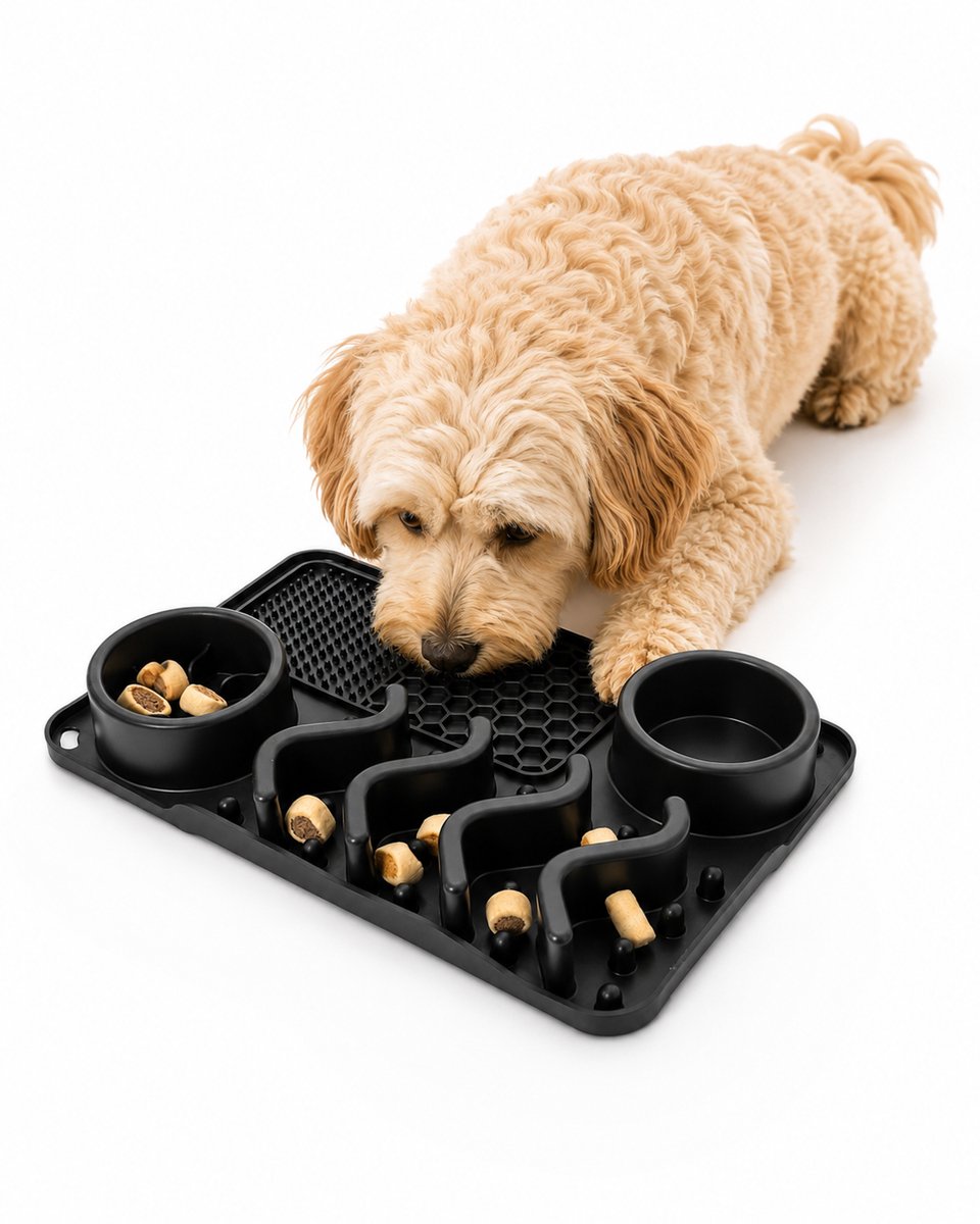 ZoeZo Likmat Hond 31 x 21 cm - Snuffelmat - Antischrokbak - Voerbak met Waterbak en Zuignappen - Anti-slip bodem - 4-in-1 - Siliconen - Zwart