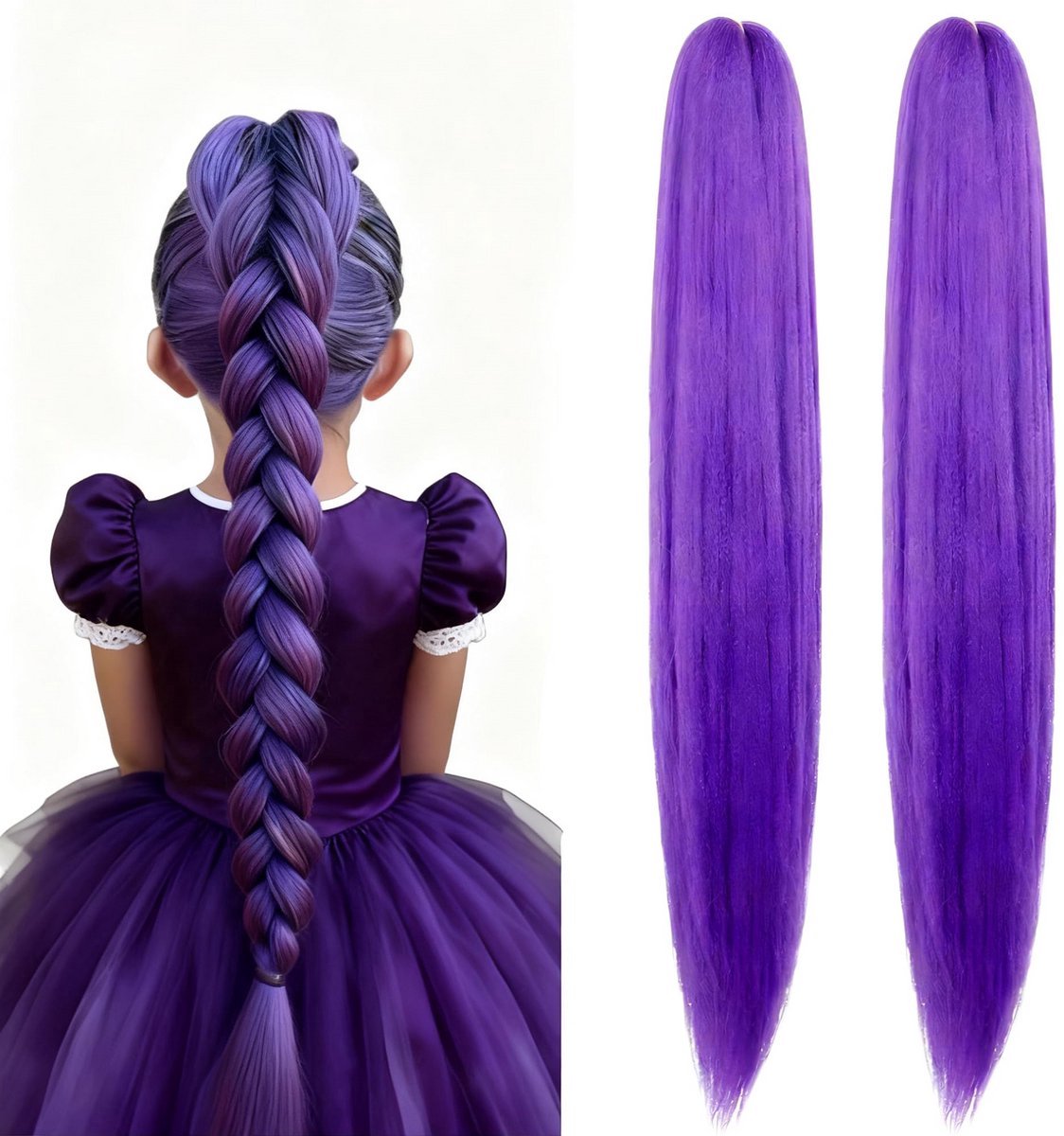 Casalora Gevlochten haar 2 stuk- Meisjes voorgerekt gevlochten haar - 65 cm - Paarse Gevlochten Haarverlenging voor Kinderen - Lange pruik - Perfect voor op Het Podium - Cosplay - Carnaval - op Feestjes en als Halloween- Anime Kostuumaccessoire -