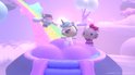 Hello Kitty, Cinnamoroll en een eenhoorn op een roze wolk met een regenboog op de achtergrond.
