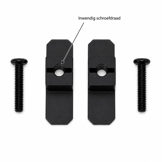 Twee zwarte ophangclips met inwendig schroefdraad, naast twee bouten.
