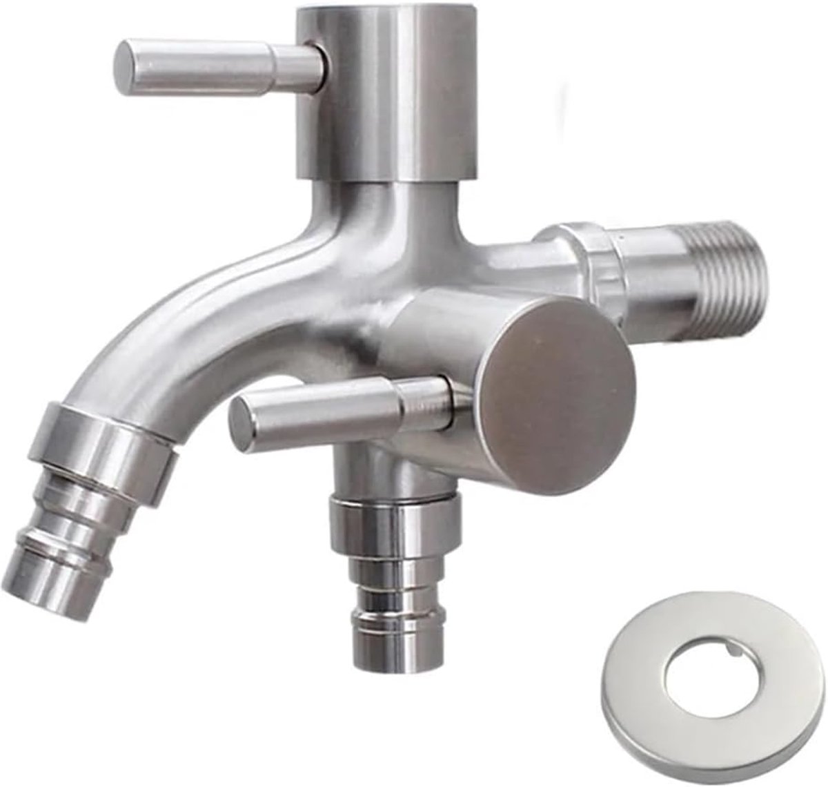 Kraan met dubbele bediening - Kraan met dubbele uitgang - G1/2-aansluiting - Wasmachinekraan met dubbele bediening - Legering - Geschikt voor wasruimtes, badkamers en toiletten - Zilver - 12*6,5*10,5 cm