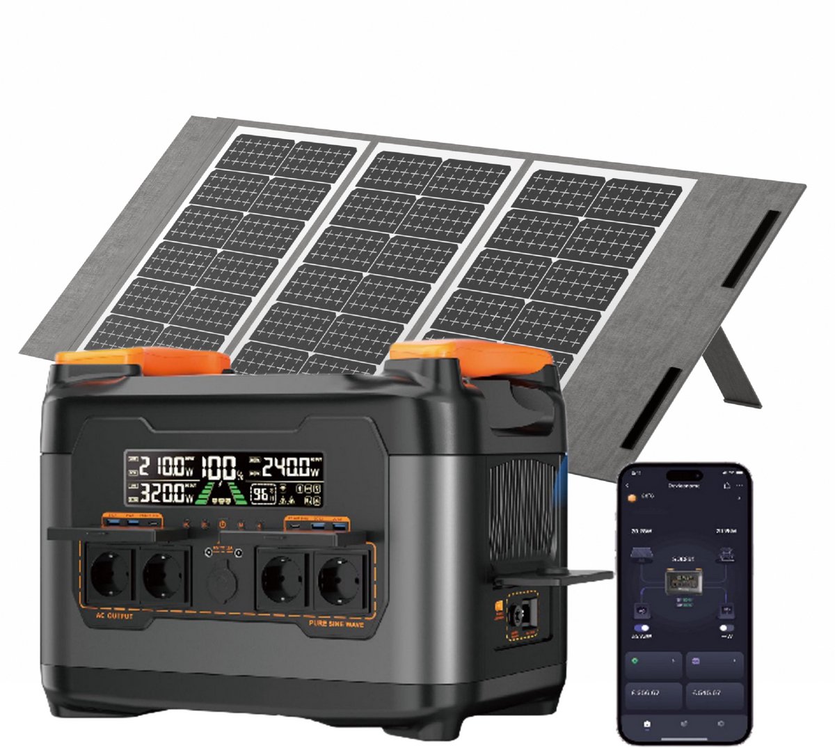 Newsmy S2400 - Draagbaar Powerstation - 2048Wh - 2400W - Met 100W Opvouwbaar Zonnepaneel Set - LiFePO4 Accu - Solar Generator - Noodstroomvoorziening voor Camping en Thuis - 4x AC Stopcontacten