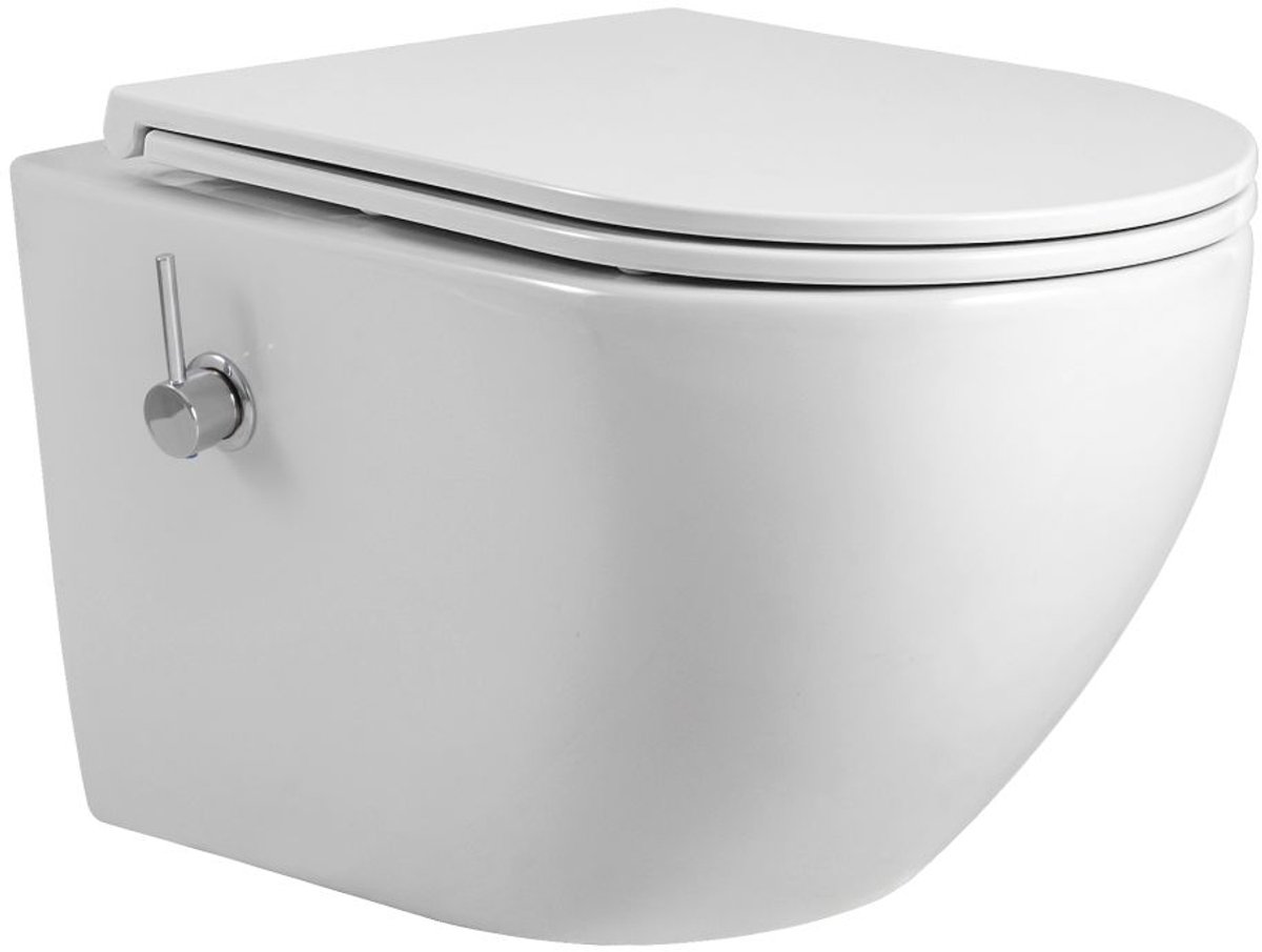 Aloni Pro Hangtoilet met Bidetkraan – Randloos – Warm en Koud Water – Inclusief Softclose Zitting – 52,5 cm – Glanzend Wit