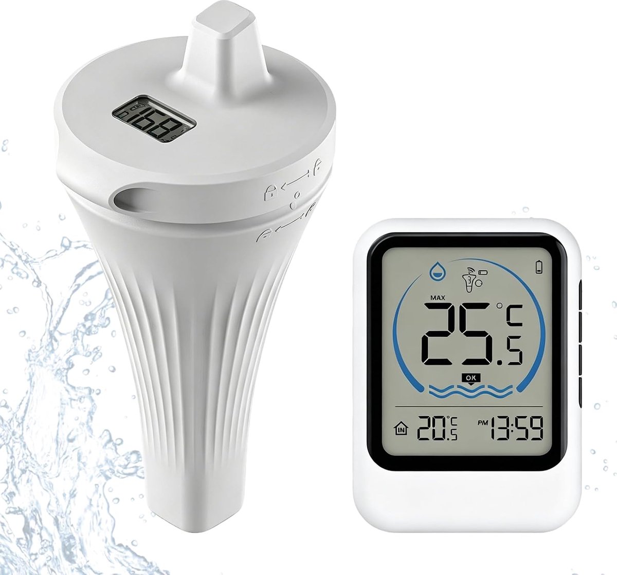 SnelShoppen - Draadloze Zwembad Thermometer, Digitale Drijvende Thermometer met IP68 Waterdicht, Binnenbasis met Temperatuur en Tijd, Buiten Sensor vo