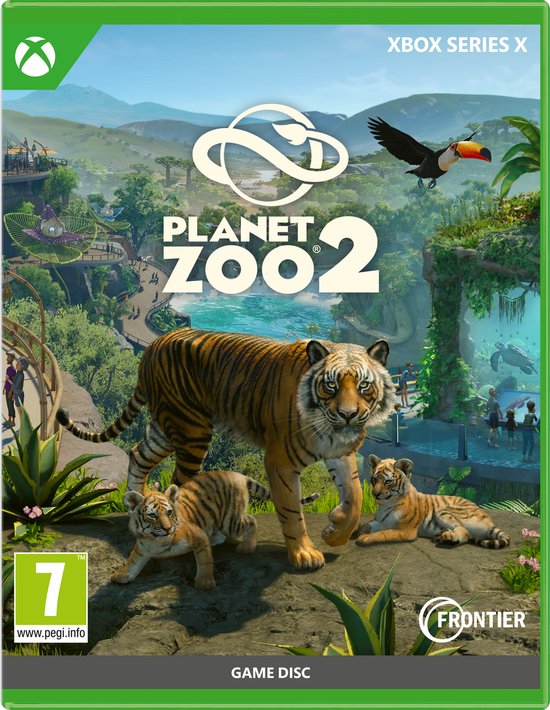 Cover van Planet Zoo 2 voor Xbox Series X met een tijger en welpen, toucan en dierentuinlandschap.