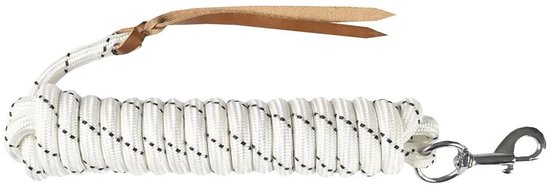 Wit halstertouw met zwarte spikkels en lederen lus.
