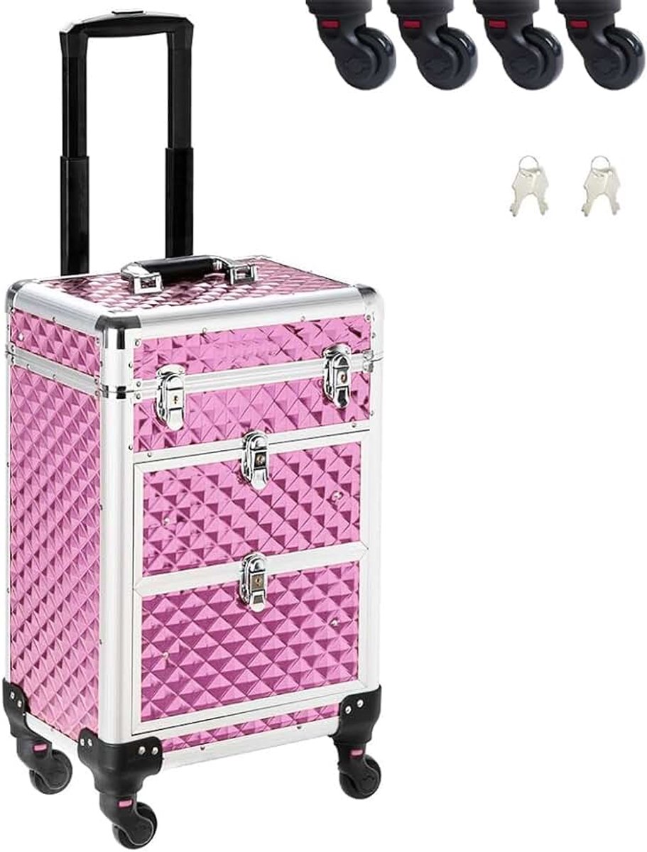 Professionele make-upkoffer voor schoonheidsspecialisten, draagbaar, met oleografie-textuur en afneembare wielen, koffer voor make-up en reizen, Roze, Modern
