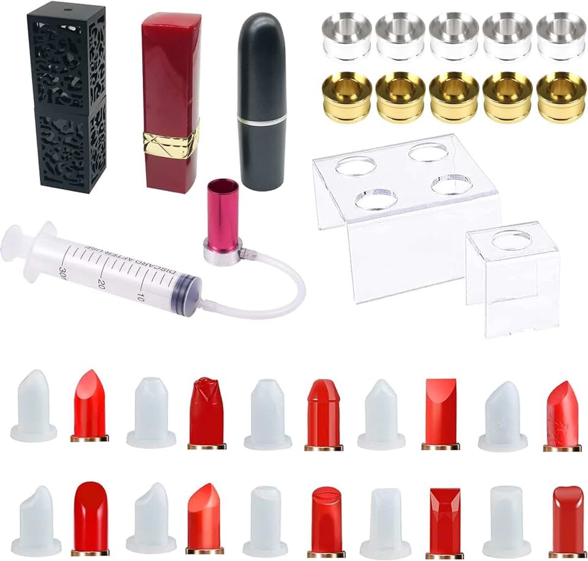 26 stuks doe-het-zelf lippenstift vormgereedschapset, siliconen knutselen gietvorm met ontvormer, houder, tube, ring en knutselgereedschap
