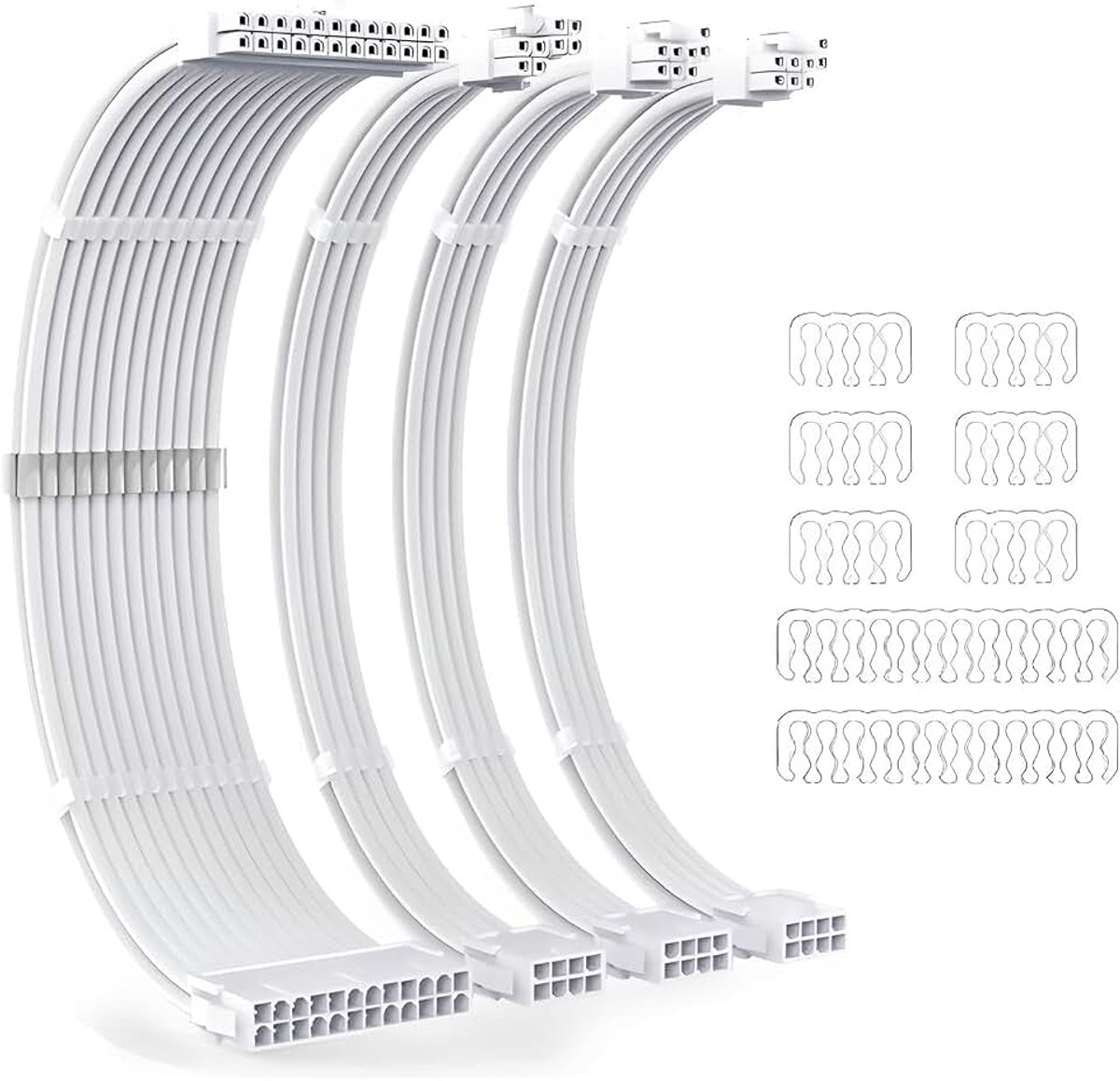 Kabelkit voor pc/GPU/CPU, PSU-kabelverlenging, pc-voedingsverlengkabel met kabelkammen, 24 pins, 1 + 8 (6 + 2) pins, 2 x 8 (4 + 4) pins, 1 kabelmanagement, 30 cm, volledig wit