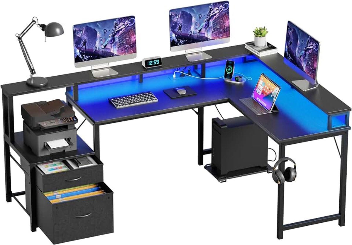 Hoekbureau met laden, bureau, L-vorm, 168 x 100 cm, gamingtafel met led-computertafel met stopcontact en USB-oplaadaansluiting, bureautafel, zwart
