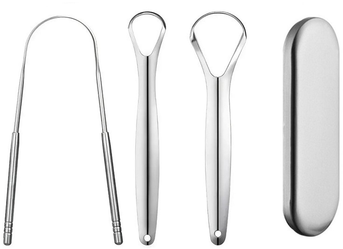 3 stuks - metalen tongskraper - volwassen tongskraper - roestvrij staal tongskraper - draagbare tongskraper - metalen doos - zilver