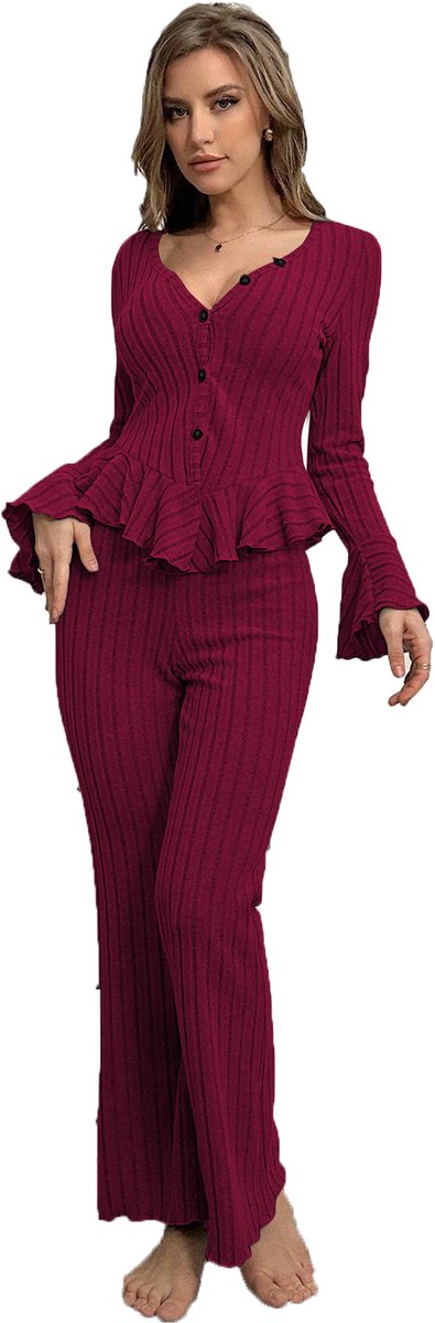 Dames Ribgebreide Loungeset 2-delig Herfst/Winter Outfit Casual Knopen Peplum Top en Flare Broek