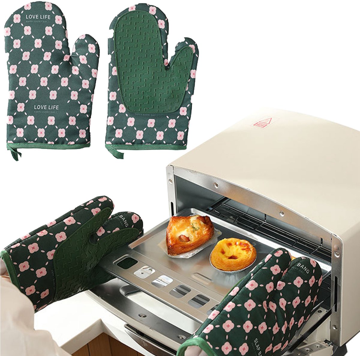 Ovenhandschoenen Set van 2 - Hittebestendig tot 300°C - Antislip Siliconen - Pannenhandschoenen voor Oven, Koken, Bakken, Grillen en BBQ - Waterdicht en Dampbestendig