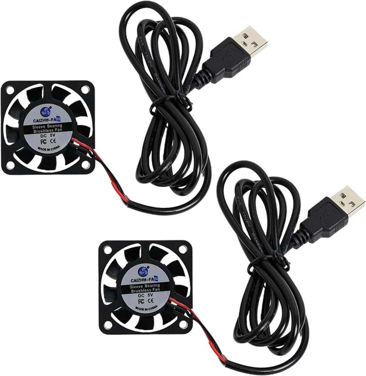 5 V USB koelventilator met draden, 40 x 40 x 10 mm, 2 stuks, 40 mm, kleine stille pc-ventilator, 0,65 W, 0,05 A, 5000 tpm, 4,5 m³/h, olievoerende hulslager, borstelloze DC-ventilator voor